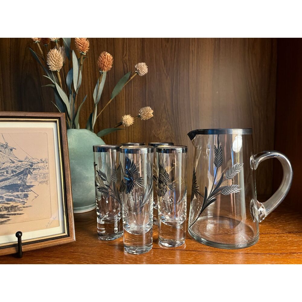 Vintage Peruvian Silver Overlay Bird Cocktail Set Pitcher + 5 Cordial Glasses